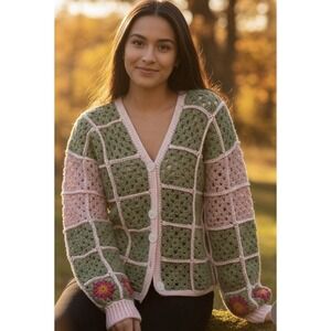 Handmade Crochet Sweater Womens Size S Green Pink Granny Square Boho Cottagecore